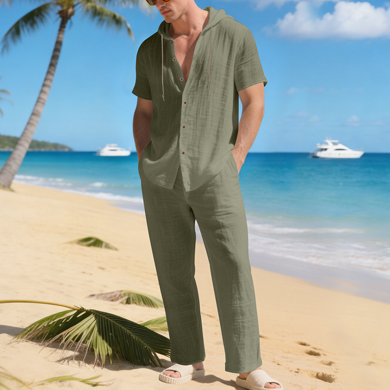 Herren Sommer-Freizeitanzug mit Hemd und Hose, locker geschnitten, Leinen, Kapuze, kurzärmelig, europäisch-amerikanischer Stil, gerades Bein_voghion.com