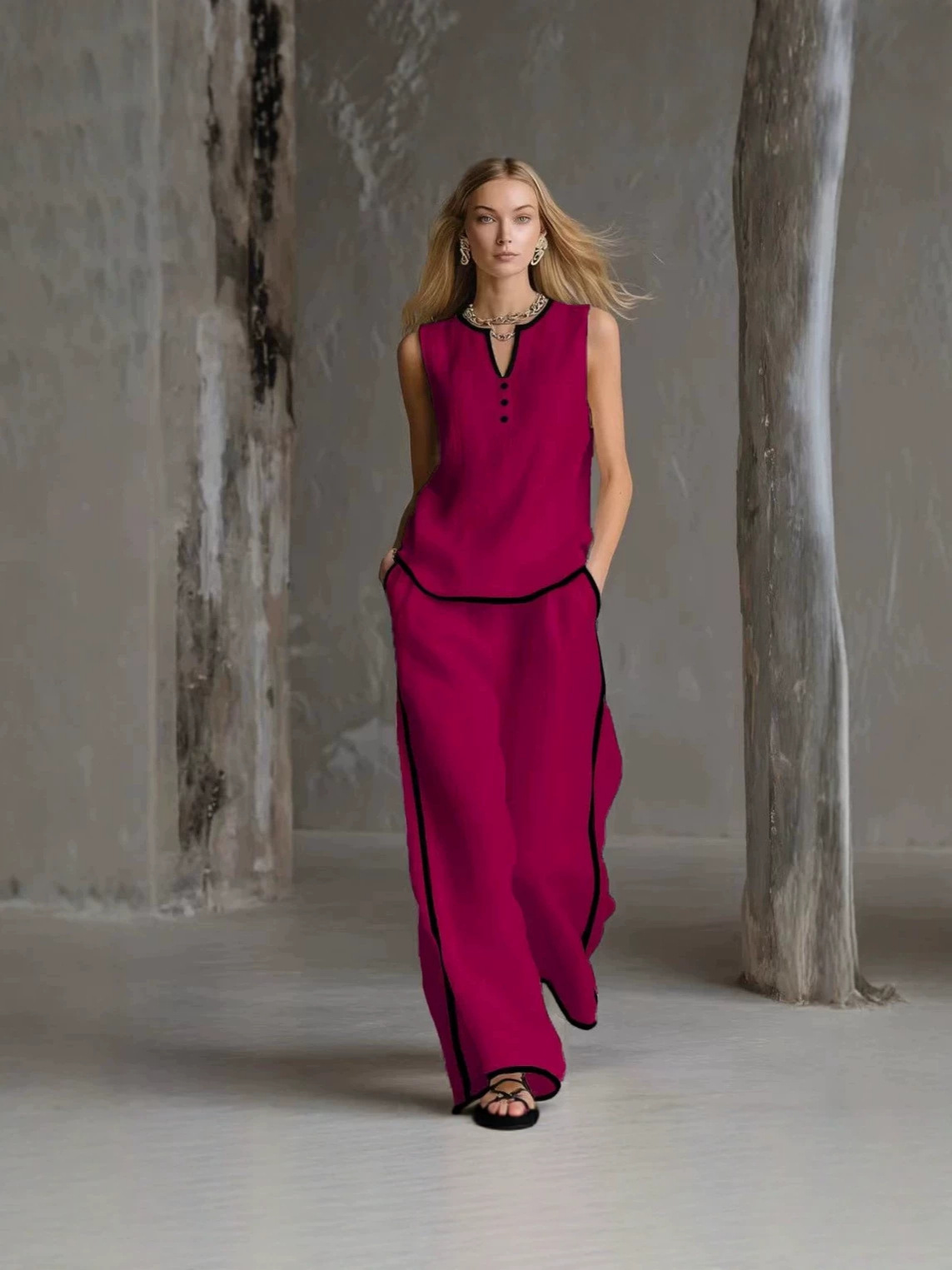 Summer Women's Sleeveless V Neck Color Block Wide Leg Pants Set Style Casual Fashion Solid Two Piece_ecoleips.com