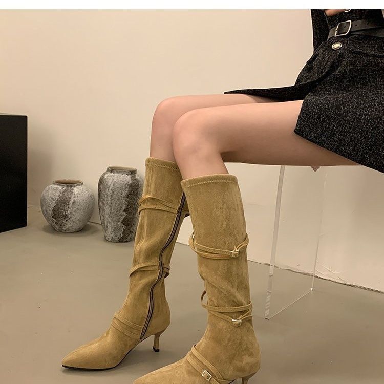 Fashionable Long Boots with Thin Straps, Pointed Toe, Suede, Stiletto Heel, Over-The-Knee High-Heeled Boots for Women and Men