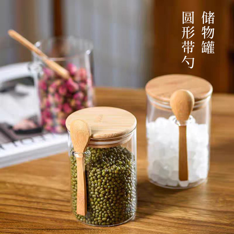 カスタマイズされた穀物密封瓶、透明高ホウケイ酸ガラス保存瓶、キッチン調味料瓶、スプーン付き丸型保存瓶|undefined