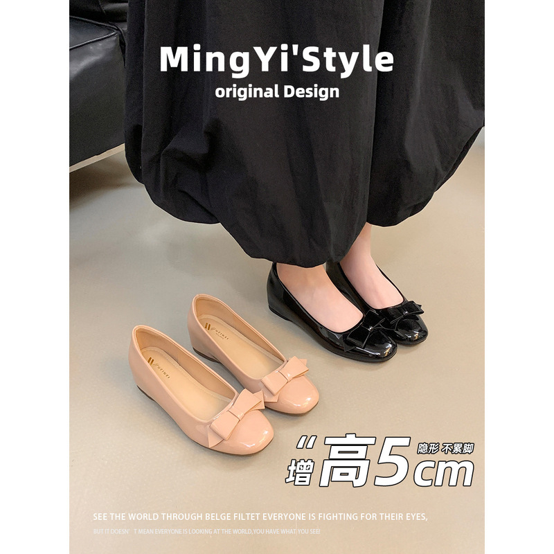Sheepskin Version ~ Nude Inner Heightening Flats for Women 2025 New Summer Bow Shallow Mouth Round Toe High Heel Mary Jane Shoes