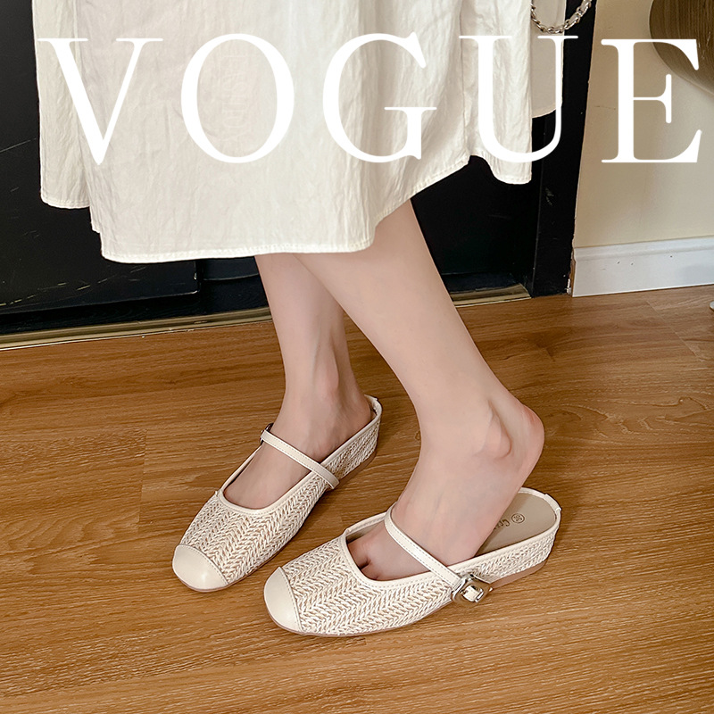 Grape Mom Summer retro tejido cuadrado hueco cabeza de una palabra con sandalias de tacón grueso Muller media pantuflas ropa exterior femenina