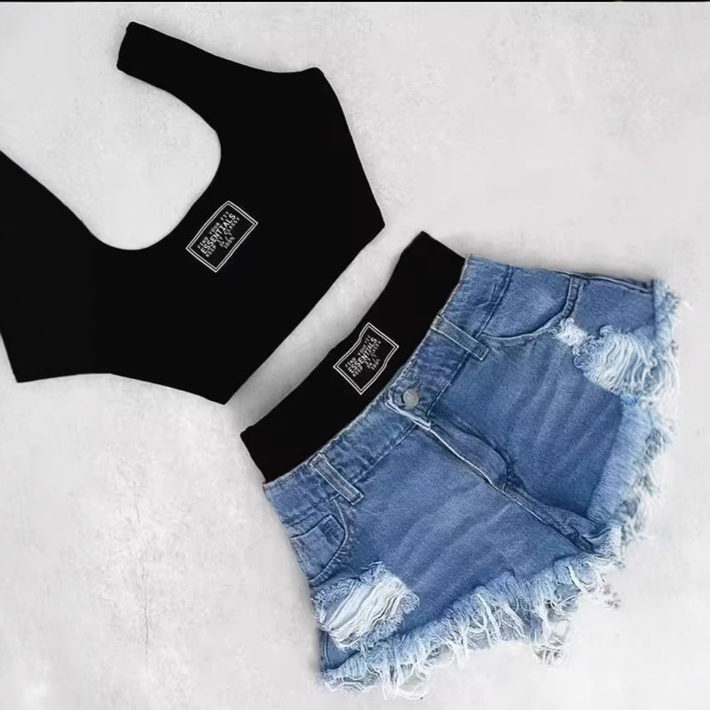 Slim-Fitting Tops, Versatile Denim Shorts, 2025 Cross-Border Export Pure Lust Hottie Tube Top Vest Suspender Suit for Women