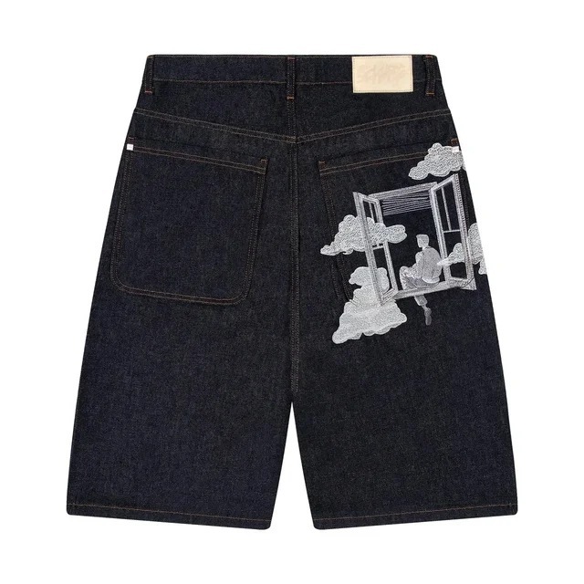 derschutze Window Denim Shorts Embroidery Indigo