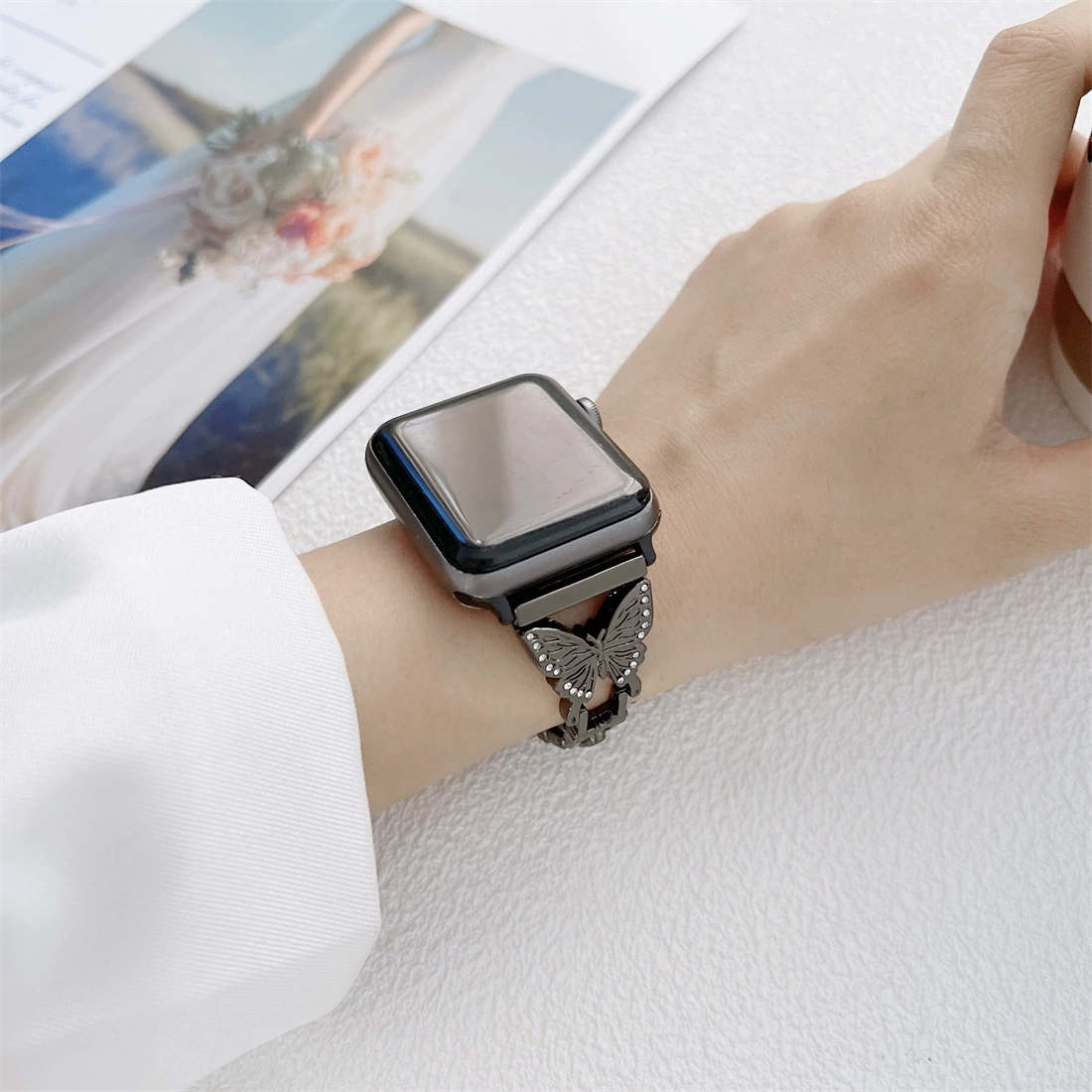 Совместимо с Apple Watch SE, Apple 1–7 поколения, ремешок из металлической цепи в стиле бабочки Hermes H, модный