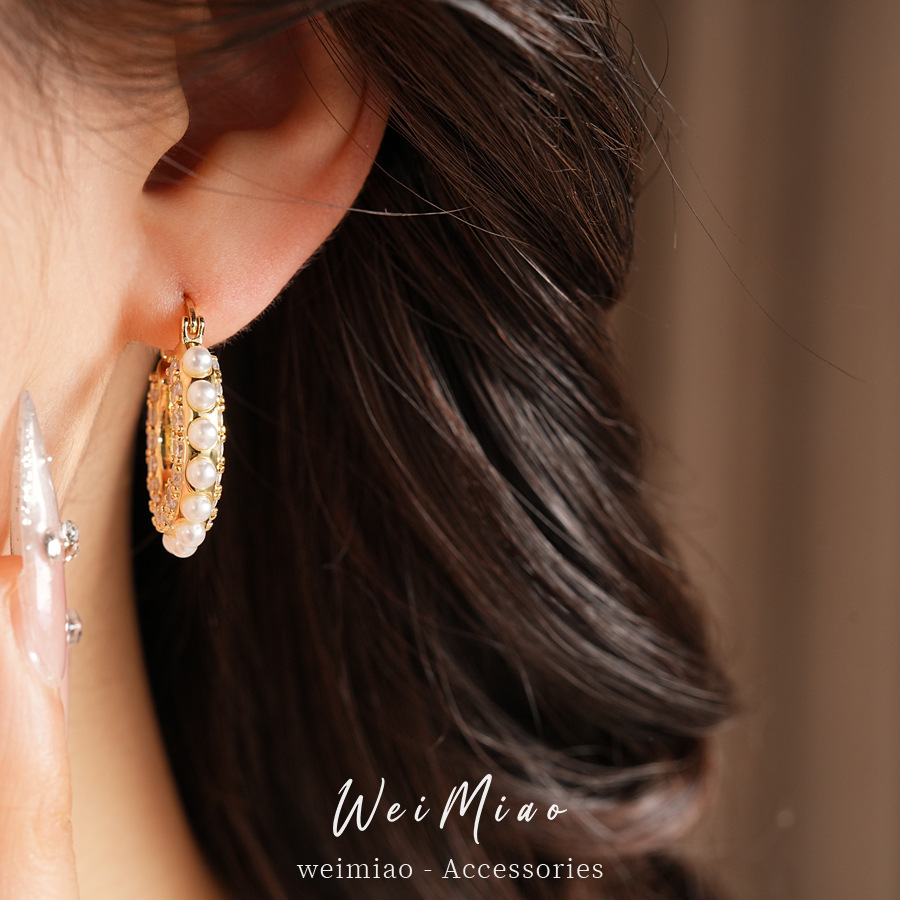 14k oro real chapado aguja de plata de diamante perla redonda perlas temperamento pendientes retro lujo ligero alta sensación de auriculares