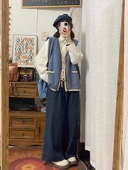 春秋一整套女法式学院风针织毛衣开衫马甲背心叠穿长袖衬衫两件套