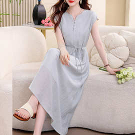 有口袋爆款宽松透气气质女神简约短袖夏季中长款连衣裙系带棉麻
