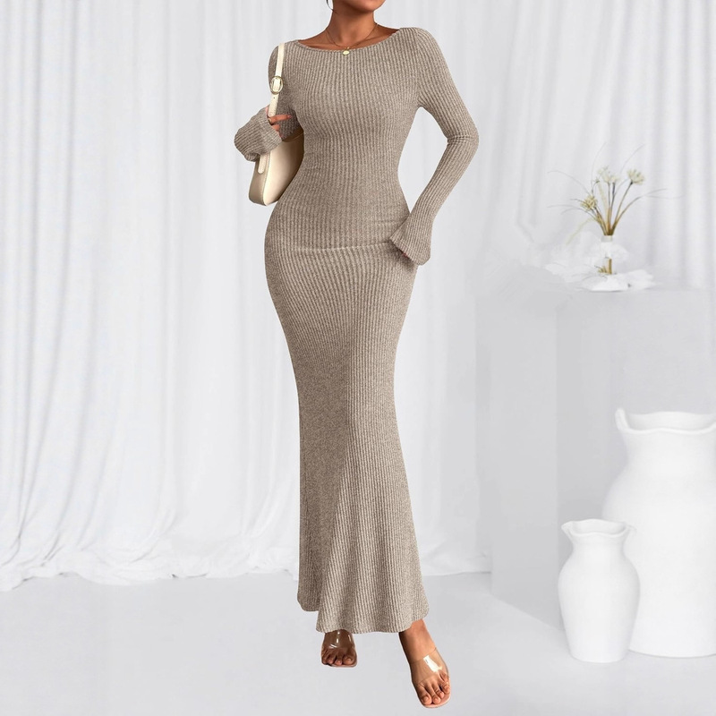 Cross-Border Hot Sale 2025 Autumn and Winter New Long-Sleeved Round Neck Pit Knitted Hip-Hugging Dress Feminine Commuter Long Skirt
