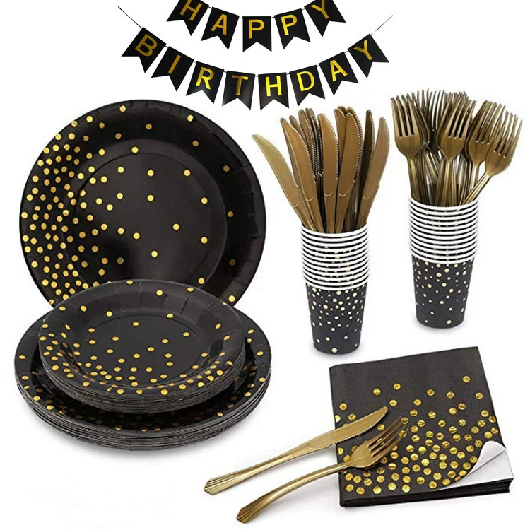 Black tableware, golden wipes, set, increased thickness