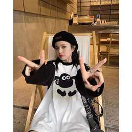 美式高街设计感小羊羔印花长袖T恤秋季新款修身显瘦女童上衣潮