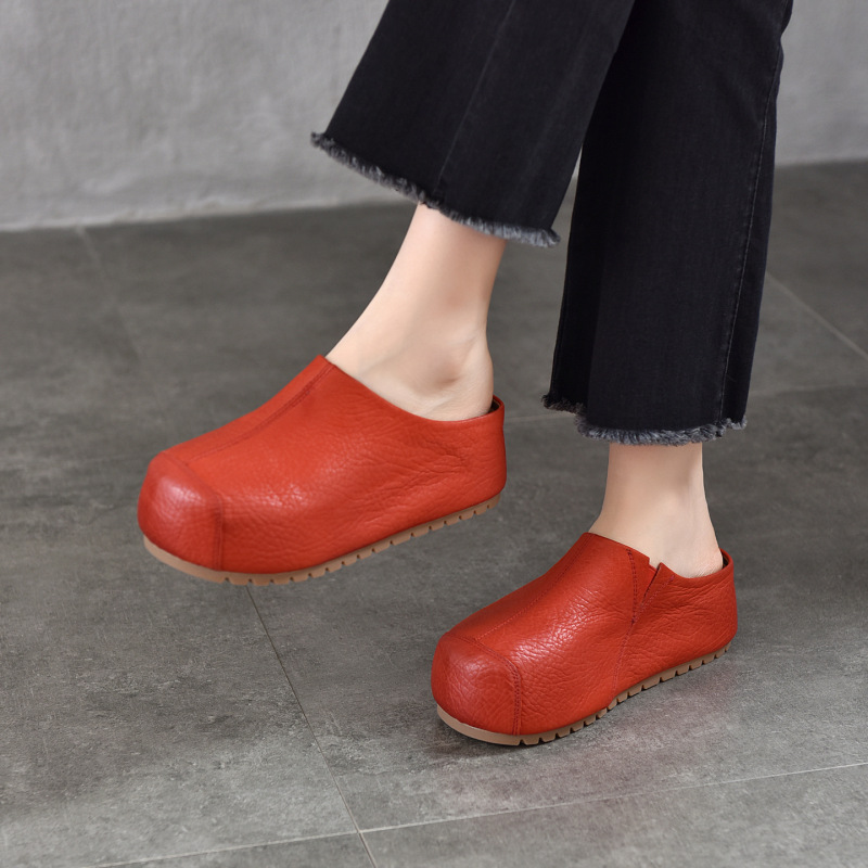 Designer Style Top-Layer Cowhide Flat-Soled Slip-On Mules with Closed Toe, 2026 Summer Outdoor Genuine Leather Birkenstock-Style Sandals for Women