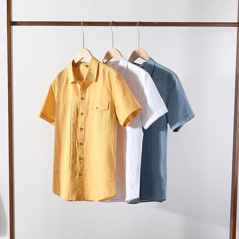 Nuova camicia a maniche corte in cotone e canapa per camicia da uomo da uomo d'affari in lino casual primaverile ed estivo con colletto quadrato_voghion.com