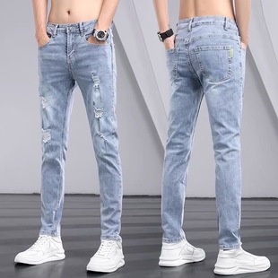Summer Thin Ripped Jeans Men's Slim Fit Trendy Brand Stretch 2025 New Beggar Light-Colored Long Pants