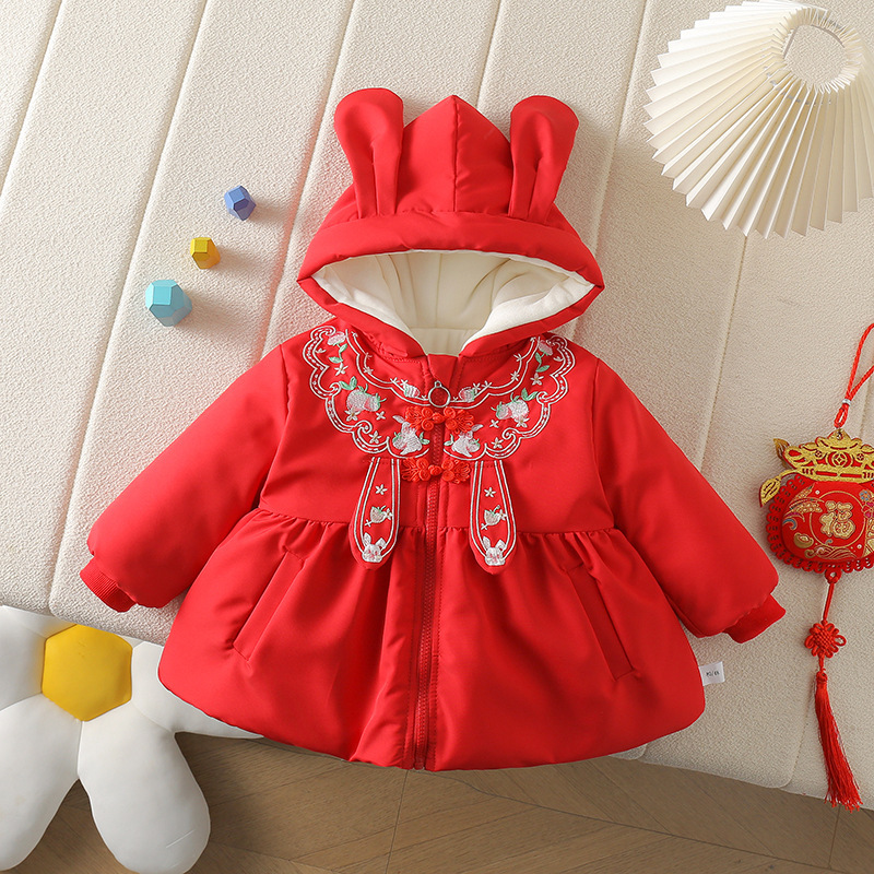 Chaqueta de algodón con orejas de conejo de estilo nacional rojo-l24121408
