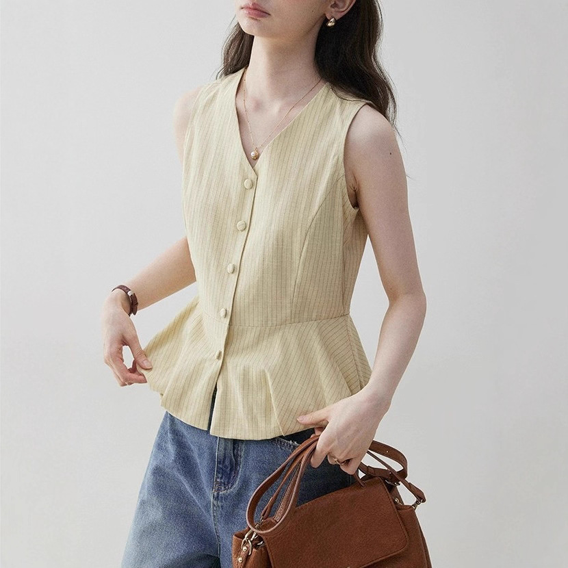 Mustard Pie V-Neck Color-Block Sleeveless Button Vest for Women Summer New Commuter Pleated Top
