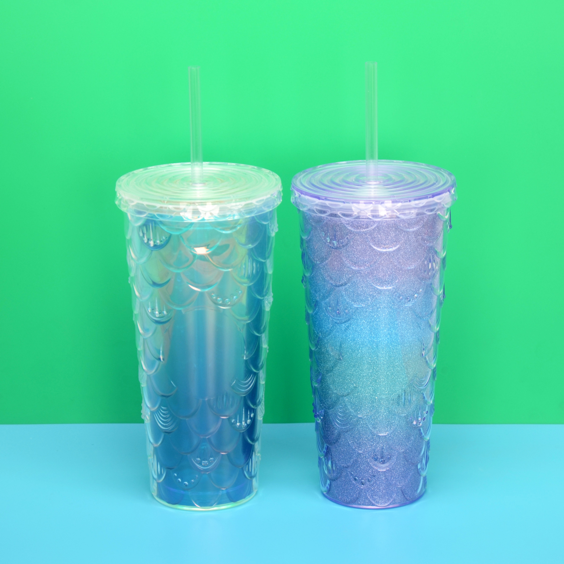 Taza de agua de paja de plástico de doble capa de color degradado transfronterizo AS/PS480/600ml con taza de regalo de café