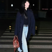 刘诗诗明星同款海军蓝羊毛呢子大衣2025秋冬过膝冬装加棉加厚韩系