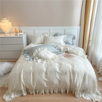 Korean High-end Embroidery 60 Tencel Four piece suit Silk sliding Borneol fresh Lotus leaf Princess wind bedding