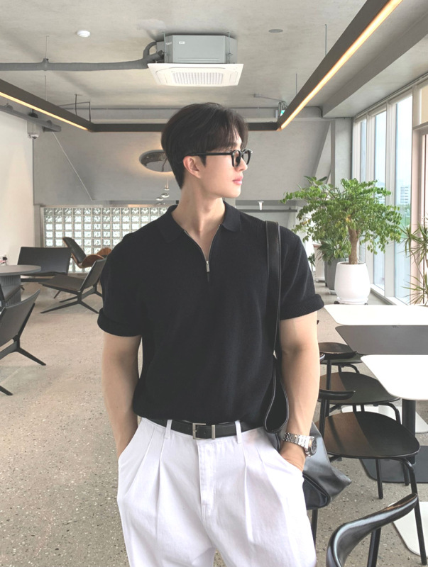 韩系半拉链针织polo衫男丝光棉冰丝修身短袖卫衣翻领羊毛衫t恤潮|undefined