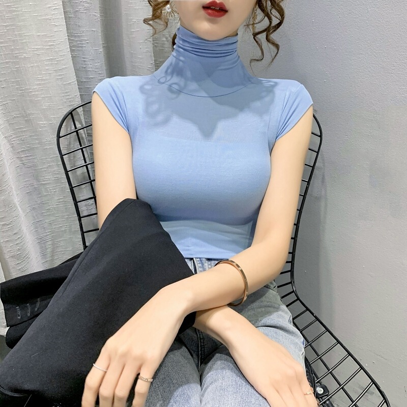 Short-sleeved T-shirt Women's Summer 2023 New Tight Inner Solid Color All-match Top High Collar Base Shirt Trendy
