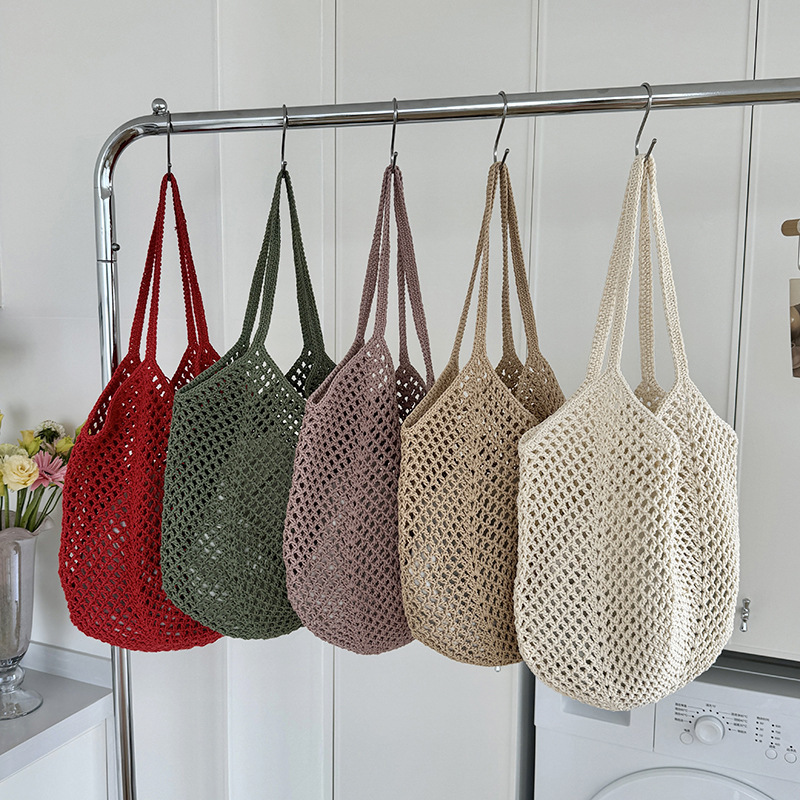 Large Capacity Hollow Cotton Rope Bag Casual Fashion Lazy Style Vacation Shoulder Bag All-match Women's Commuter Bag