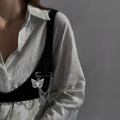 Japanese and Korean Ins Double Chain Hollow Butterfly Pin Brooch Chain Accessory, Hip-Hop Trendy Cool Versatile Matching Accessory