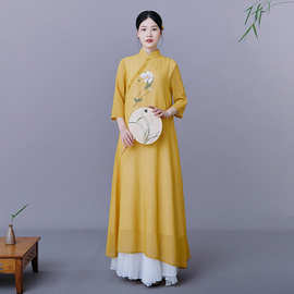 禅意茶服雪纺宽松女宽松阔腿裤中国风复古长裙改良居士打坐连衣裙