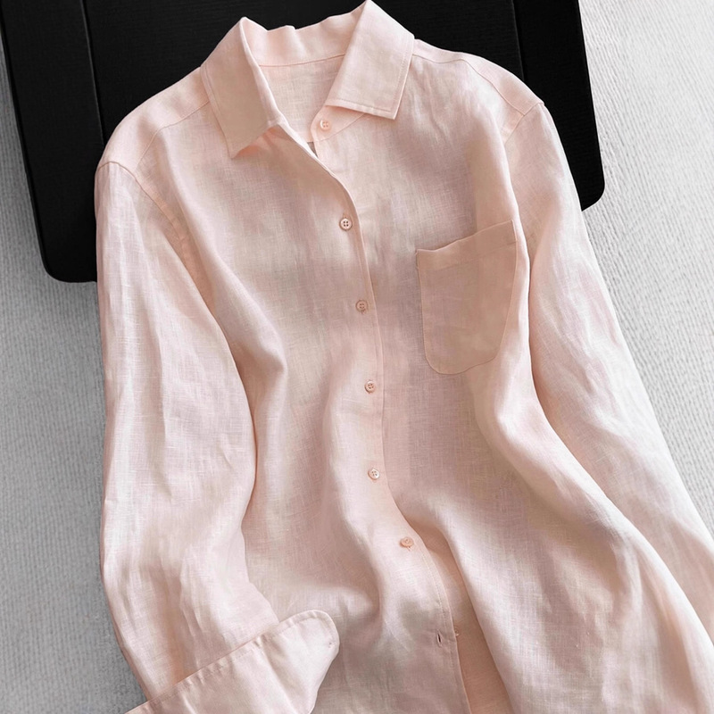 Sun Summer Peach Pink Linen Shirt Women's 2025 New Lightweight Breathable Long Sleeve Lapel Loose Top