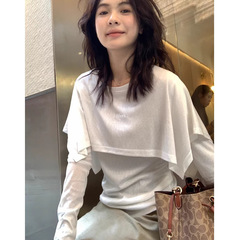 假两件披肩长袖白色T恤女2025秋季休闲上衣 设计感小众新款