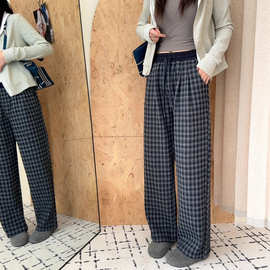 2025秋冬复古加绒加厚黑白格子裤女慵懒感休闲裤百搭垂感拖地裤