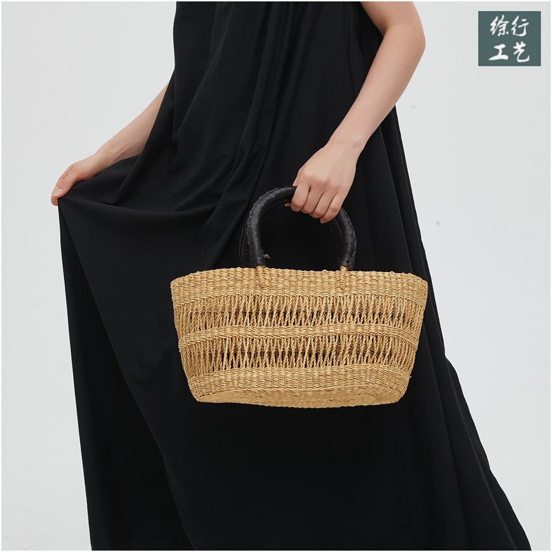 Storage Basket Bag, Rattan Handbag, Woven Shoulder Bag, Handmade Natural Rattan & Seagrass, Leather Trim, Eco-Friendly, Lightweight, Durable For Daily_voghion.com