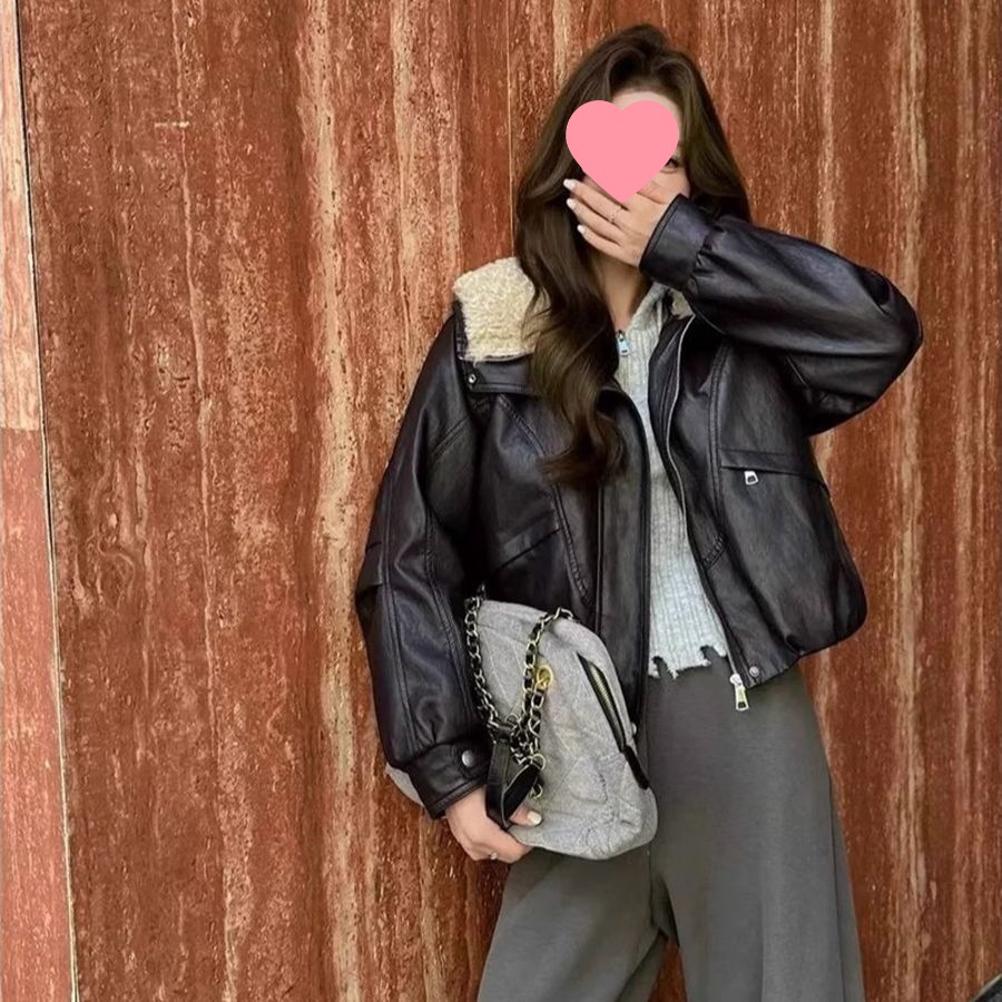 加绒加厚皮衣外套短款秋冬新款宽松时尚减龄保暖羊羔翻领棉服