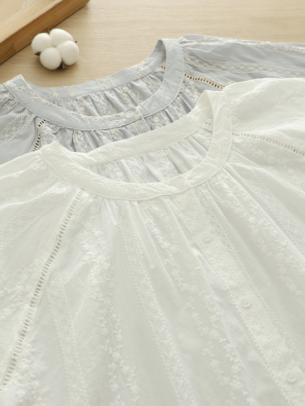 2025 Autumn Literary Fresh Embroidered Daisy Lace Collar Pure Cotton Raglan Sleeve White Shirt Women's Long Sleeve Trend