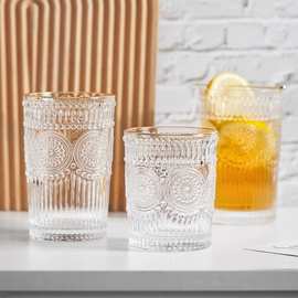 太阳花水杯浮雕复古家用玻璃杯北欧风网红果汁饮料伴手礼礼品