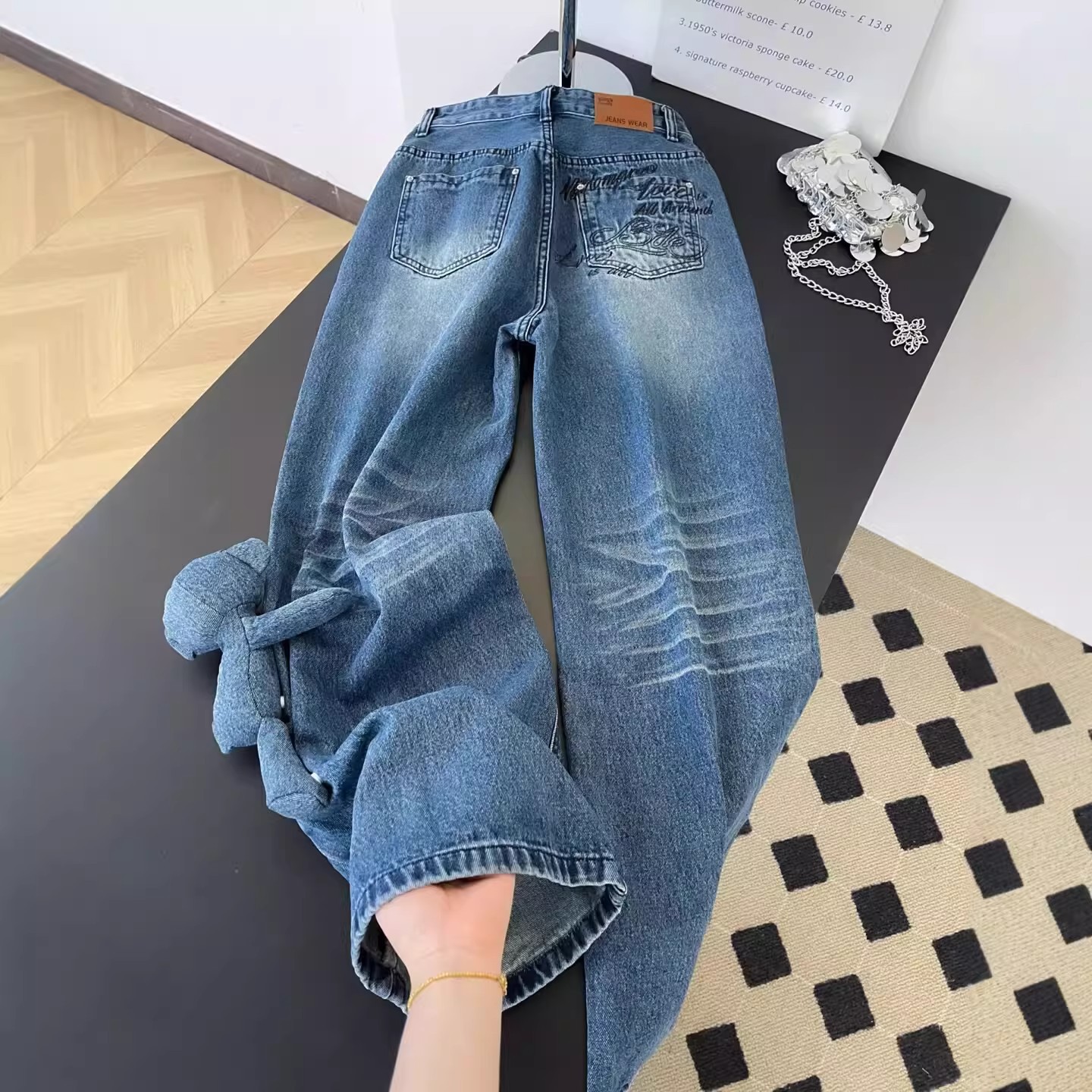 Women's High-Waisted Slimming Wavy Washed Denim Jeans Casual Loose Wide Leg Floor-Length Trousers With Letter Embroidery American Retro Summer Style_ecoleips.com