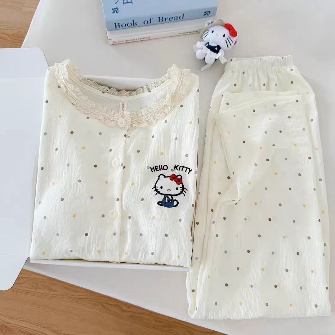 Al por mayor transfronterizo con cojín de pecho encaje KT gato pijama de mujer nubes algodón pantalones de manga larga dibujos animados estudiantes ropa de casa
