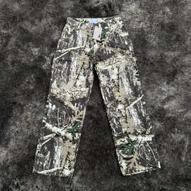 外贸源创高品质秋冬卡哈迷彩枝叶绣花伐木洗水做旧工装牛仔裤男女