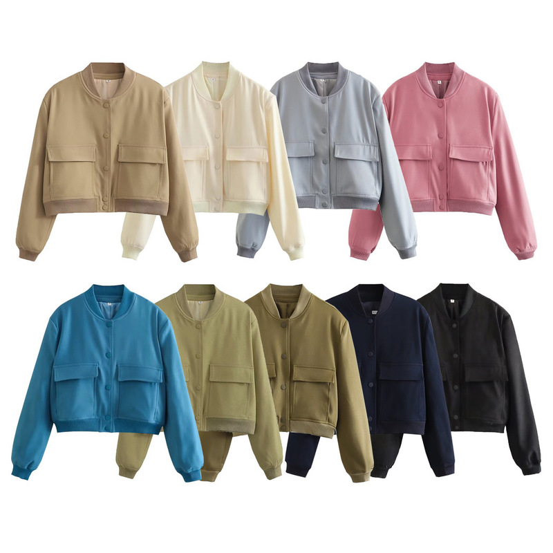Foreign trade list! Wholesale stand collar double pocket solid color motorcycle bomber jacket coat top women