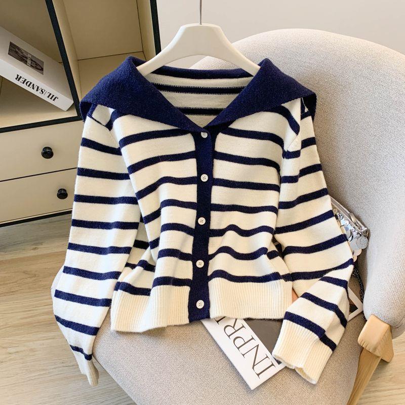 Korean color-blocked navy collar striped knit sweater top, new autumn and winter Korean style versatile cardigan sweater Korean color-blocked navy collar striped knit sweater top, new autumn and winter Korean style versatile cardigan sweater