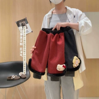 【假两件设计】男女小童复古格纹假两件裤冬季兔毛保暖花边束脚裤
