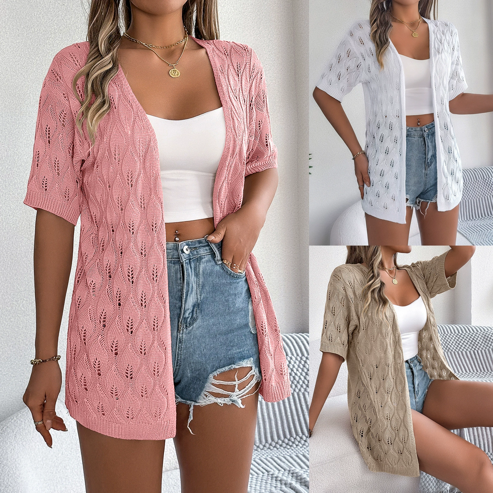 Лето 2025 г., вязаный кардиган с короткими рукавами и полым листом, солнцезащитная рубашка для отпуска, европейская и американская трансграничная женская одежда Amazon