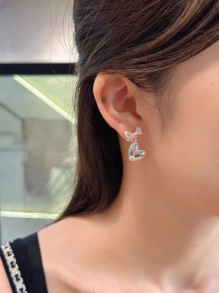 8g Weight 925 Sterling Silver Ear Needle Material 1 Pair Simple Style Heart Shape Bow Knot Plating Copper Drop Earrings