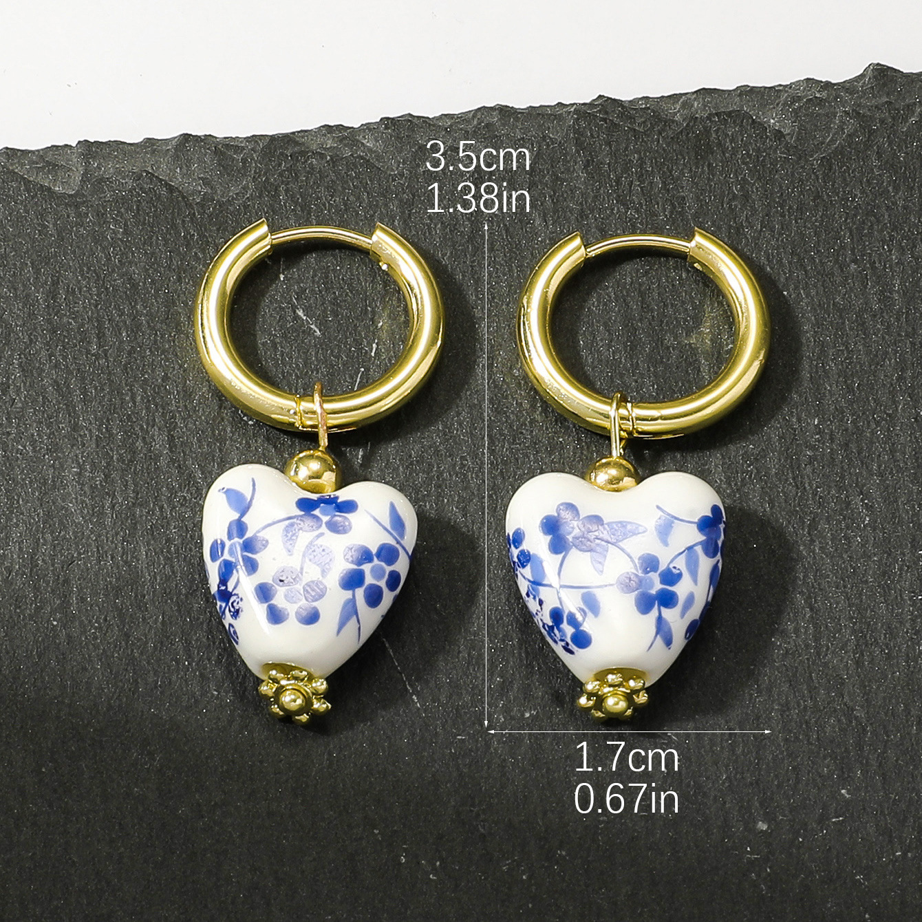 1 Pair Chinoiserie Retro Heart Shape Flower 304 Stainless Steel Ceramics Drop Earrings display picture 5