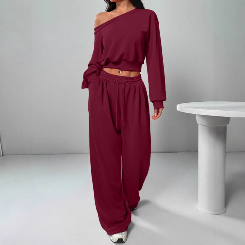 Cross-Border Fashion New Products European and American Casual Suits Solid Color Sweatshirt Off-The-Shoulder Loose Knit Short Long-Sleeve Top