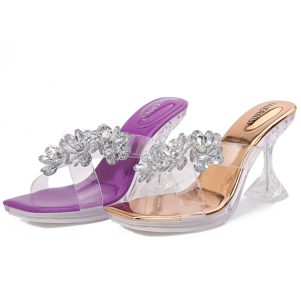 Sandal nữ quai ngang trong suốt gót ly pha lê, gót 6–8 cm — Vàng Sâm Banh, màu tím