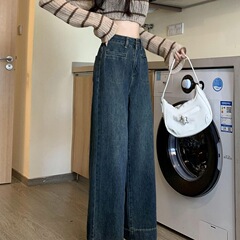 复古高腰直筒牛仔裤女2025秋冬季新款宽松显瘦小个子显高阔腿裤潮