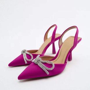 2025 Spring and Summer New Women's Shoes Blue Rhinestone Bow Slingback High Heel Mule Shoes Pointed Toe Strap Sandals for Women