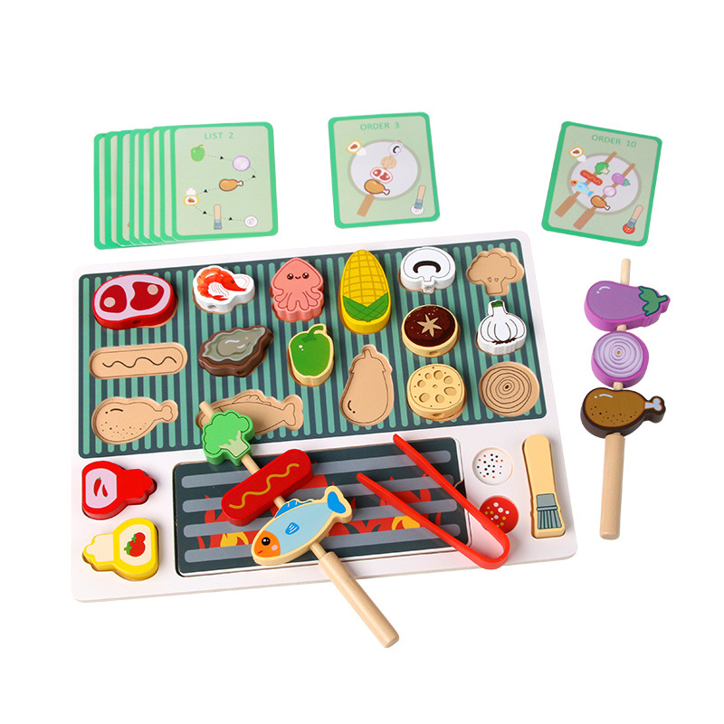Parrilla de simulación de madera para niños BBQ brochetas de comida juegos de rol niños y niñas jugando a la casa juguetes de cocina