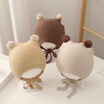 秋冬韩版婴儿纯色双球可爱针织毛线帽 宝宝护耳系带保暖帽小孩子